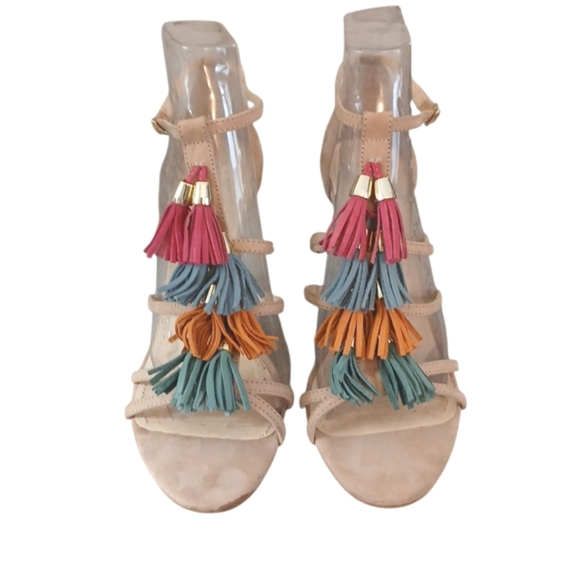 Saks Fifth Avenue Strappy Colorful Tassled Heels Sandals Size 11 - Picture 2 of 10